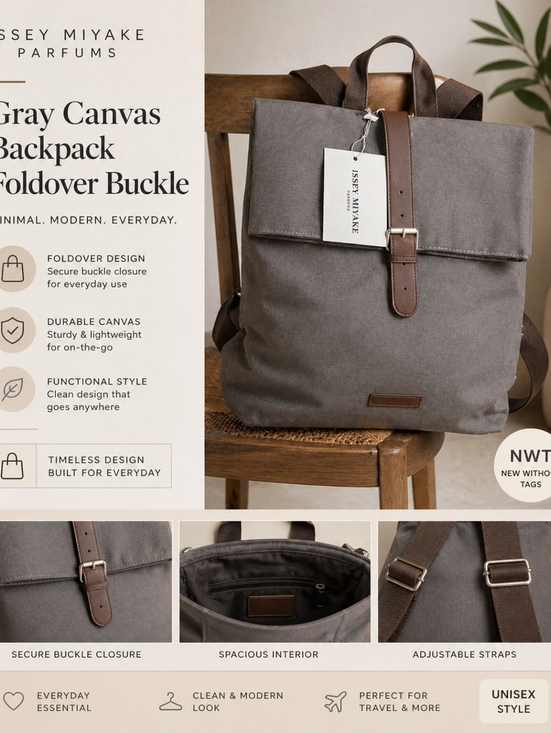 Other - Issey Miyake Parfums Gray Canvas Backpack Foldover Buckle NWT